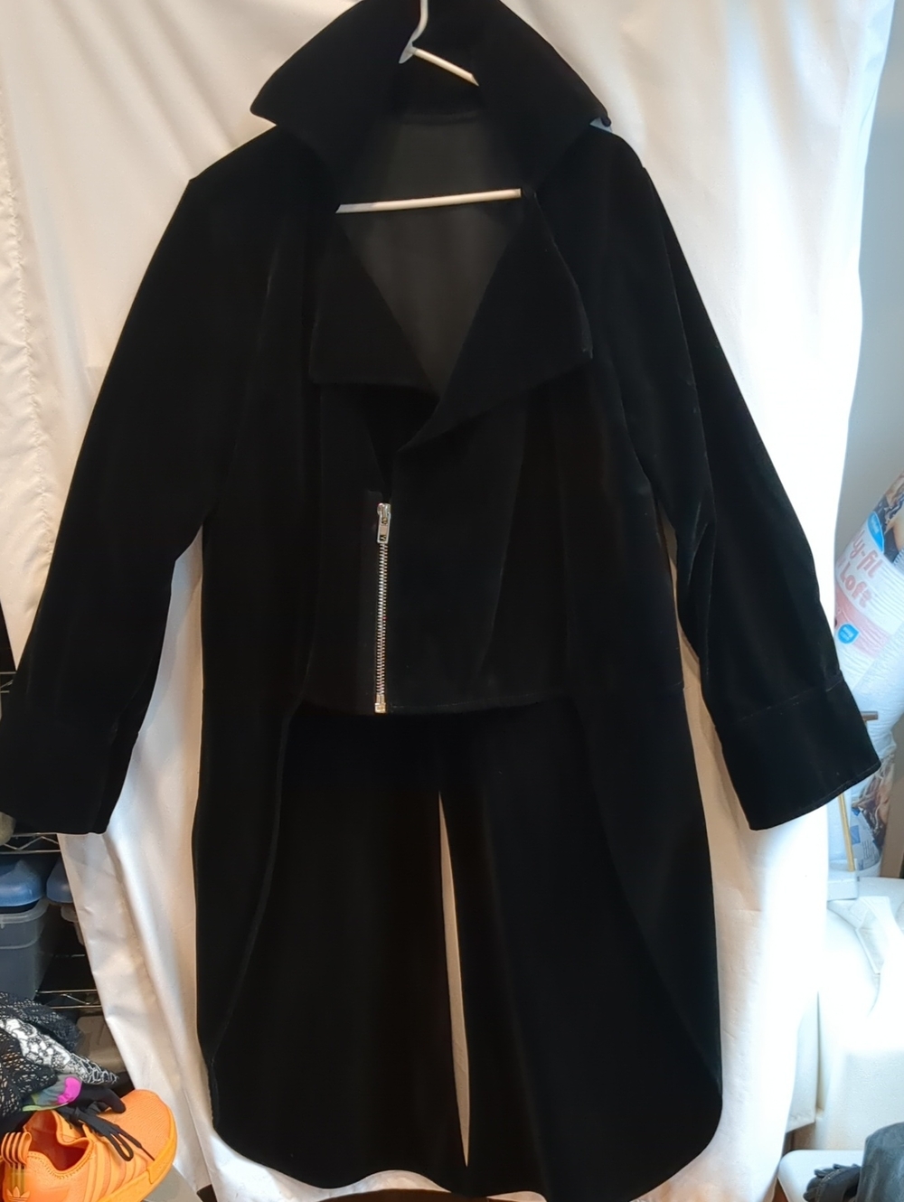 Black Velveteen Unisex Long Coat with Tails, Moto Asymmetric Zip